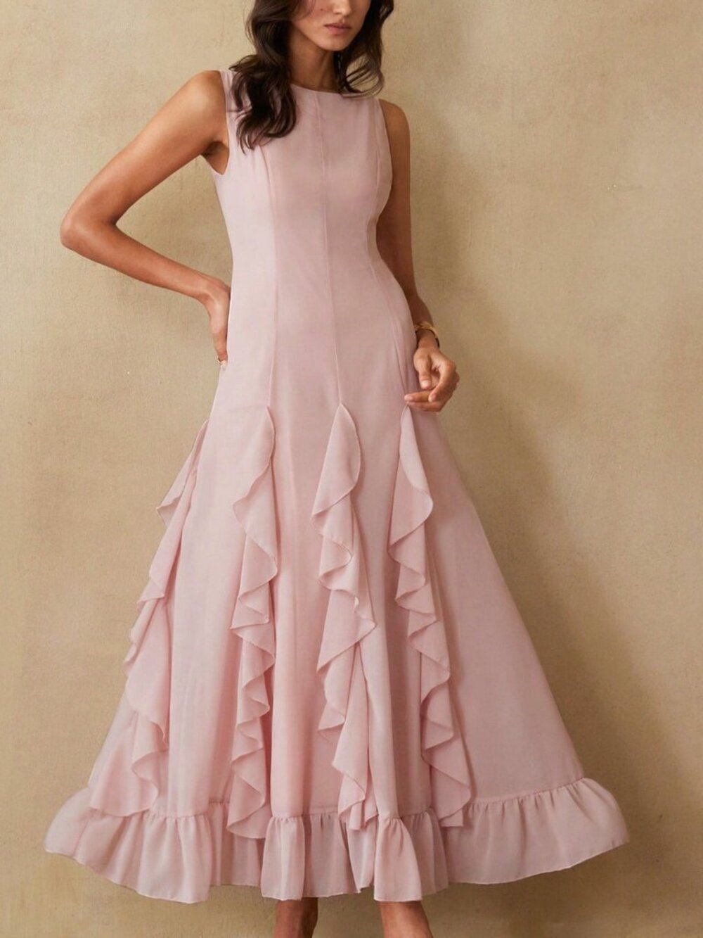 Pink Elegant Women's Waist Cinched Vertical Splice Ruffle Hem Slim Fit Dress